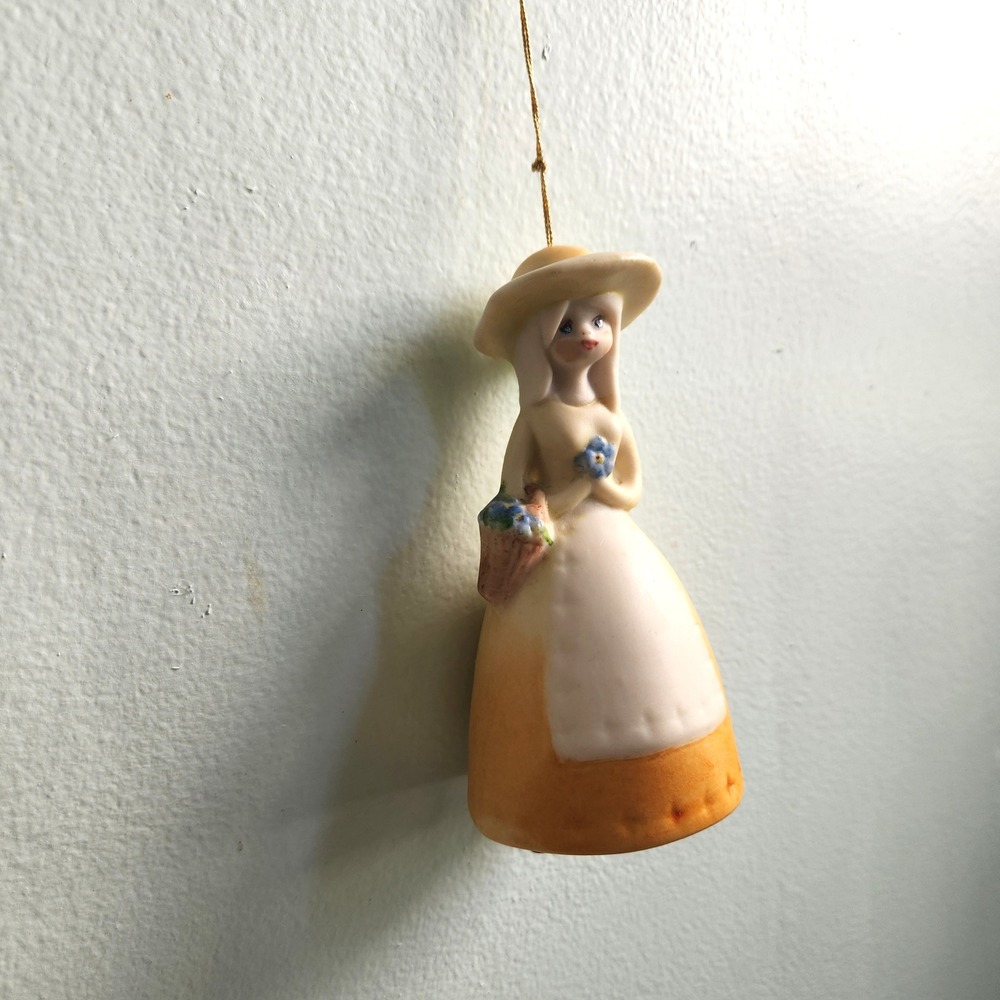 Vintage Ceramic Bell Figurine Girl with Hat and Flower‎ Basket Hanging Ornament